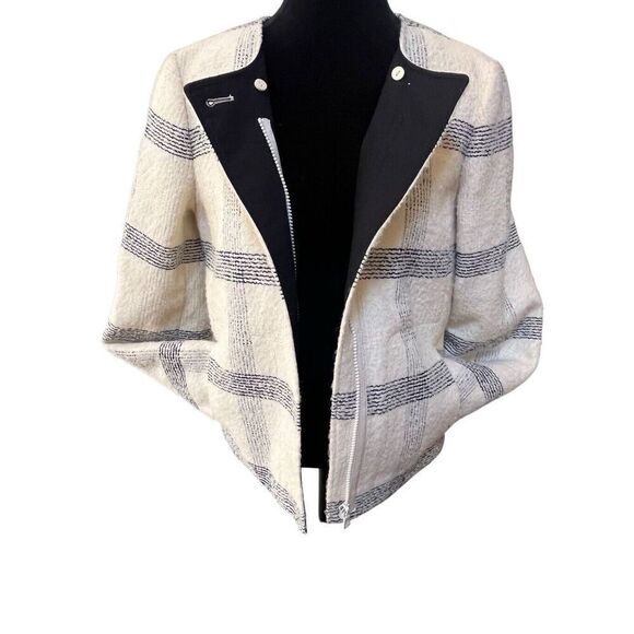 Tory Burch Wool Blend Ivory Black Plaid Blazer Zip Button Closure Women’s 10 M - Picture 4 of 14